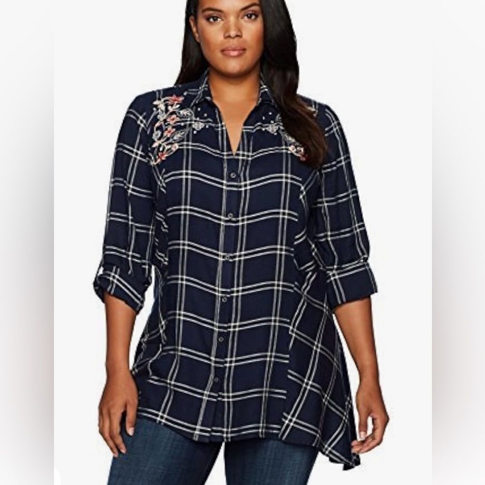 Vintage American blues vneck embroidered plaid flannel long sleeve shirt sz XL